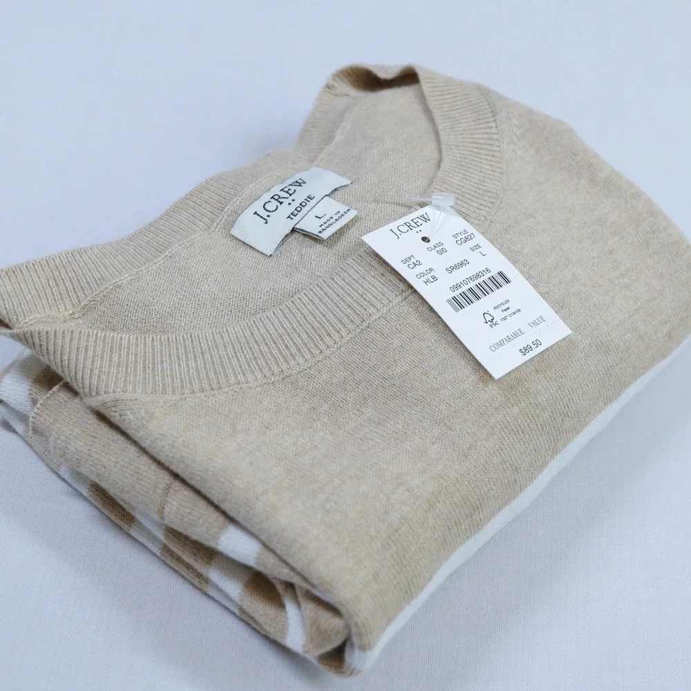 J.Crew Teddie Sweater Womens Large Tan White Striped Cotton Crewneck Coastal NWT